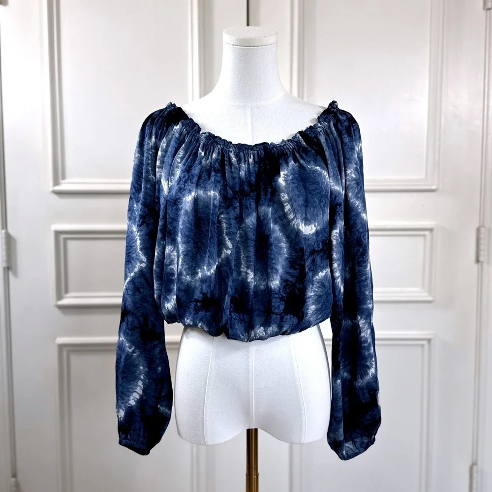 Michael Kors Tie Dye Peasant Top Women's Size L Blue 100% Silk Boho Top
